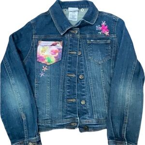 Disney Tinker Bell Denim Jean Jacket Girls L 10/12 Embroidered Flowers Magical